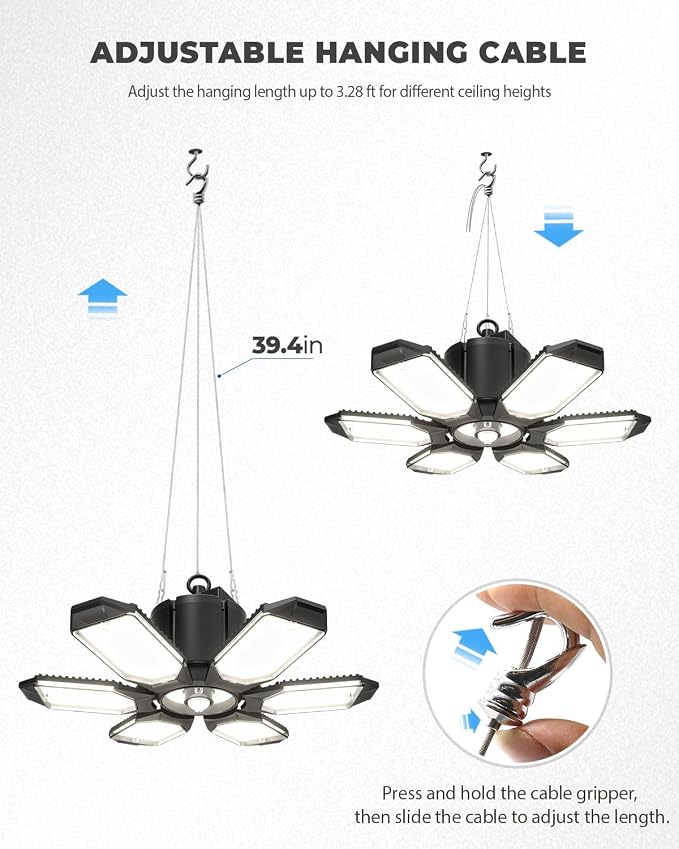 Motion Sensor Garage Lights with Remote, 20000LM Plug-in Shop Lights | 1/3/5-Min Auto-Off, Linkable Design, 6 Deformable LED Panels, Ultra Bright 6500K Wide-Angle Lighting for Garages, Workshops
