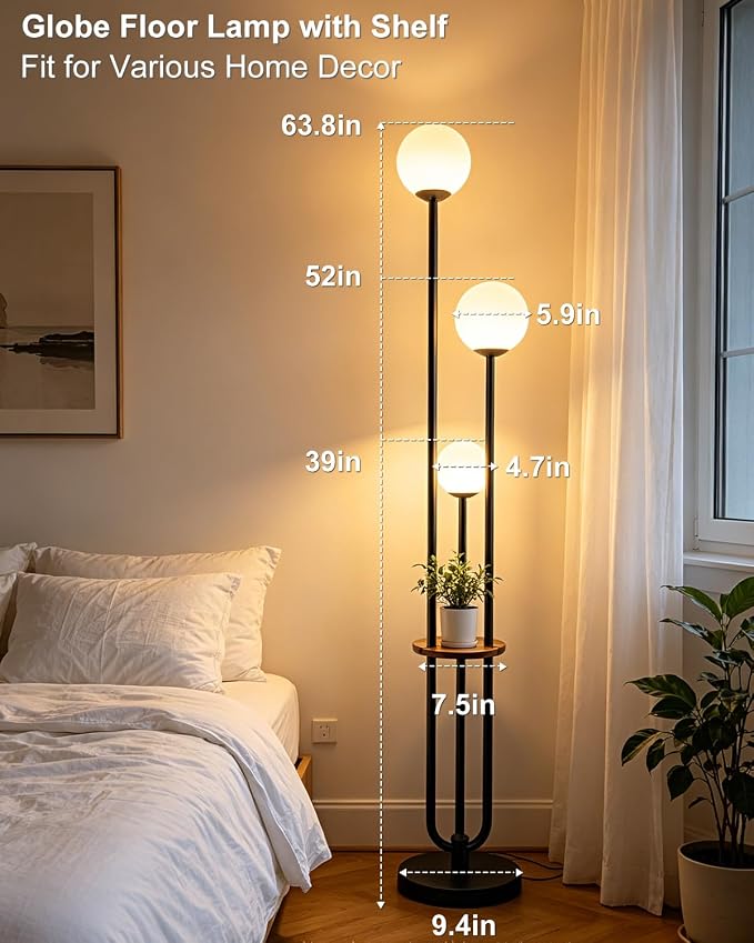 63IN Black Floor Lamp with Shelf Mid Century Modern Tall Standing Lamps with 3000K Warm White Bulb Included Dimmable Globe Floor Lamp with 5Lbs Heavy Base for Living Room/Bedroom/Home Decor