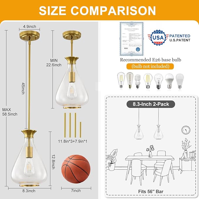 2 Pack Modern Pendant Lights Kitchen Island,Brushed Gold Pendant Light Fixtures with 8.5" Clear Air Bubble Glass Shade,Industrial Hanging Pendant Lights Fixture for Kitchen Island Dining Room Entryway