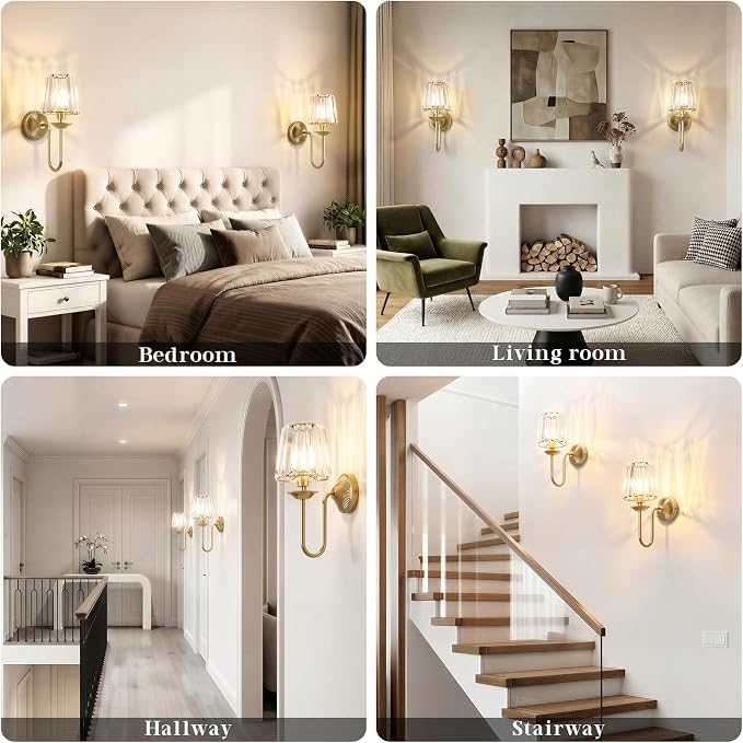 Brass Battery Operated Wall Sconces Set of Two, Crystal Wireless Rechargeable Wall Lights with Remote, Dimmable 3 CCT and 12 RGB Cordless Wall Lamps for Bedroom Living Room Hallway Decor