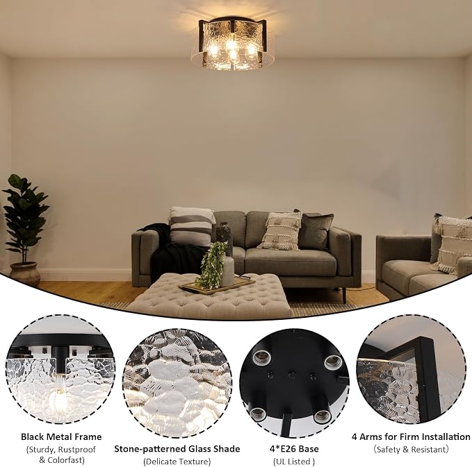 Black Flush Mount Ceiling Light Fixture, 4 Light Modern Entryway Light Fixture Ceiling Mount, Close to Ceiling Light Fixtures, Kitchen Lighting Fixtures Ceiling Lights for Bedroom Bathroom Hallway
