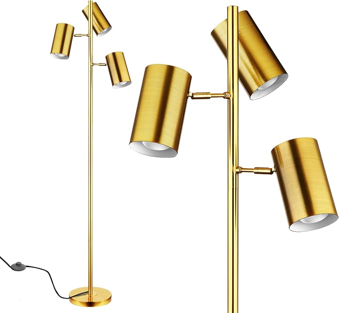 Tree Floor Lamp with 3 Light Bulbs,Gold Standing Tall Pole Lamp with 3 Adjustable Rotating Lights,Farmhouse Floor Lamp for Living Room Bedroom Office,Vintage Standing Lamp 9W E26 LED Bulbs Included