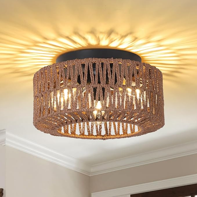 PAUFUL Boho Light Fixture，3-Light Farmhouse Rattan Light Fixtures Ceiling Mount，Flush Mount Ceiling Light with Hand-Woven Shade，Modern Chandelier for Living Bedroom Entryway Kitchen Nursery