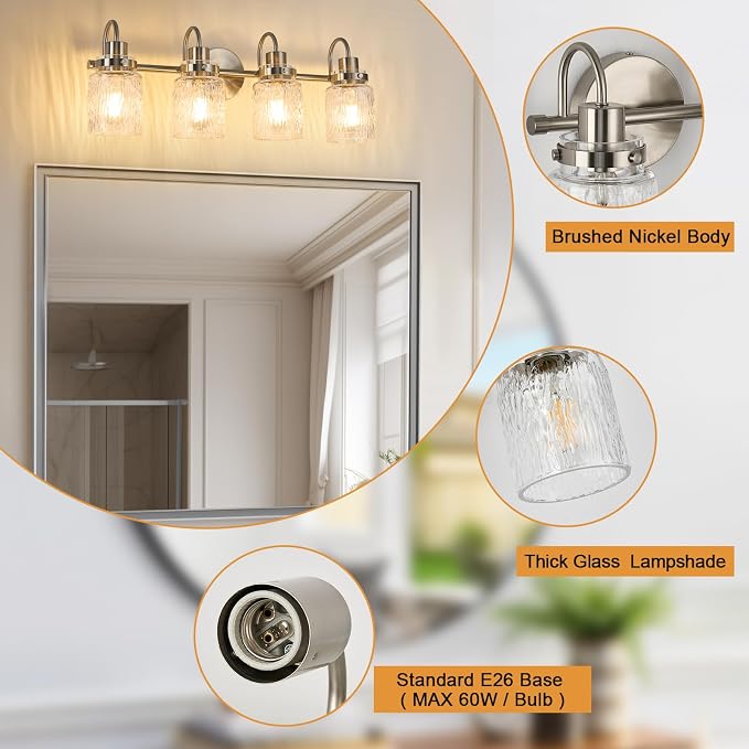 4 Lights Hammered Glass Bathroom Vanity Light,Brushed Nickel | Easy Installation,Up or Down,Farmhouse Modern Style,E26 Socket,ETL Certification