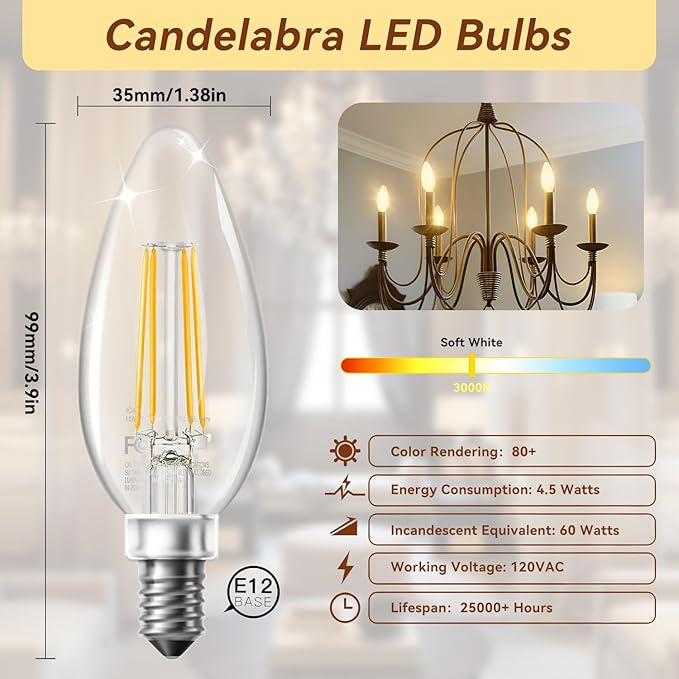TJOY LED Candelabra Bulbs Dimmable, 60W Equivalent Chandelier Light Bulb, E12 Small Base, 4.5W 3000K Soft White, B11 Vintage Filament Clear Glass Candle Light for Ceiling Fan Chandeliers, 12Pack