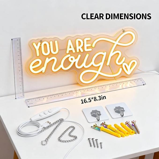 You Are Enough Neon Sign, Self Love Neon Light with Floral Decor, Motivational Wall Art for Bedroom, Therapy Office Decor, Mental Health Awareness Gift, USB Dimmable (16.5"x8.3")