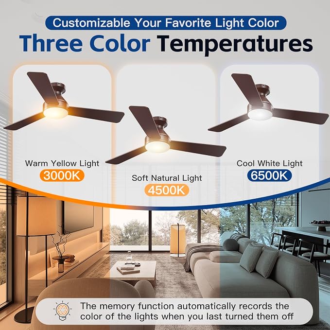 42 Inch Ceiling Fans with Lights And Remote, 3CCT/Flush Mount/6 Speed/Brown | Flush Mount Low Profile Ceiling Fan, 6 Speed Noiseless LED Ceiling Fan, Advanced Brown Ceiling Fan for Bedroom Living Room