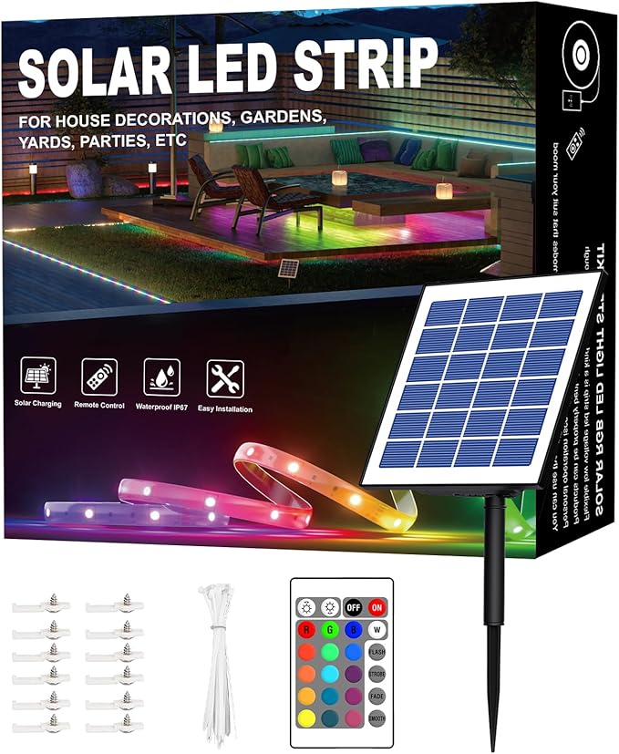 50ft RGBCW Outdoor Led Strip Lights Waterproof, Solar Led Strip Lights Outdoor with Self-Adhesive, Auto On/Off 16 Colors and 4 Modes with Remote Timer Great for Patio, Pathway Decor