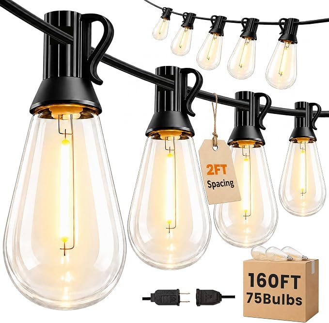 Outdoor String Lights 160FT(150+10) Waterproof, 75 LED S14 Shatterproof Edison Bulbs, 2FT Spacing, Extension Cord, Connectable Plug in Hanging Patio Lights for Outside, Backyard, Warm White