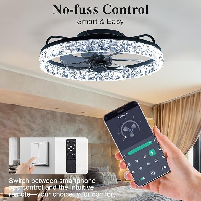 Ceiling Fans with Lights and Remote Fandelier - Low Profile Modern - 20'' Flush Mount Ceiling Fans for Bedroom,Stepless Color Temperature and 6 Speeds- Black and Crystal