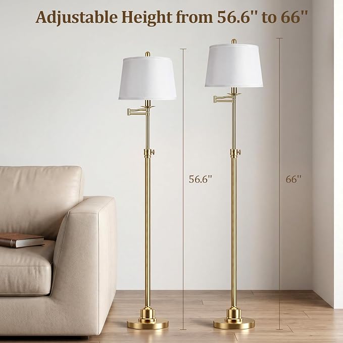 Vintage Floor Lamp for living room, Brushed Antique Brass Farmhouse Standing Lamp with 350° Swivel Swing Arm, 56.6''-66'' Mid Century Modern Height Adjustable Tall Lamp for Bedroom (LED Bulb Included)