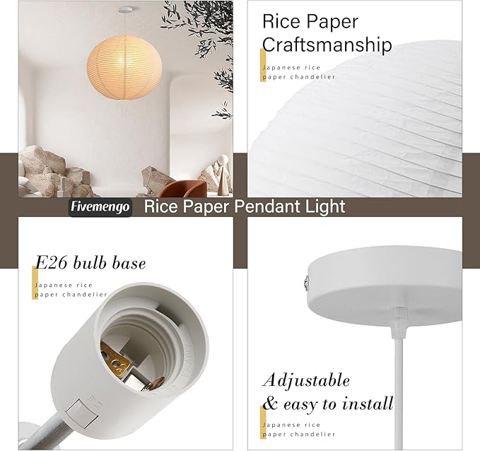 Large Rice Paper Pendant Light Kit, 20in White Globe Paper Lantern Lights, E26 Base, Japanese Hanging Lantern Lamp Japandi Chandelier for Dining Room Bedroom Office Living Room