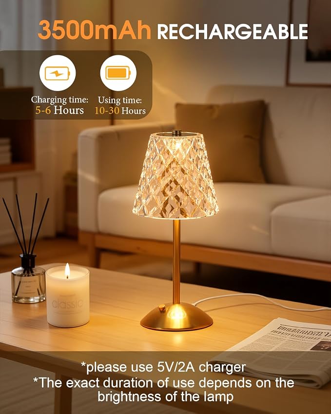 Nusogon Rechargeable Cordless Table Lamp, Gold Small Battery Powered Lamp | 3 Color Dimmable Small Bedside Lamp, LED Touch Lamp for Bedroom Restaurant Kitchen Home Decor