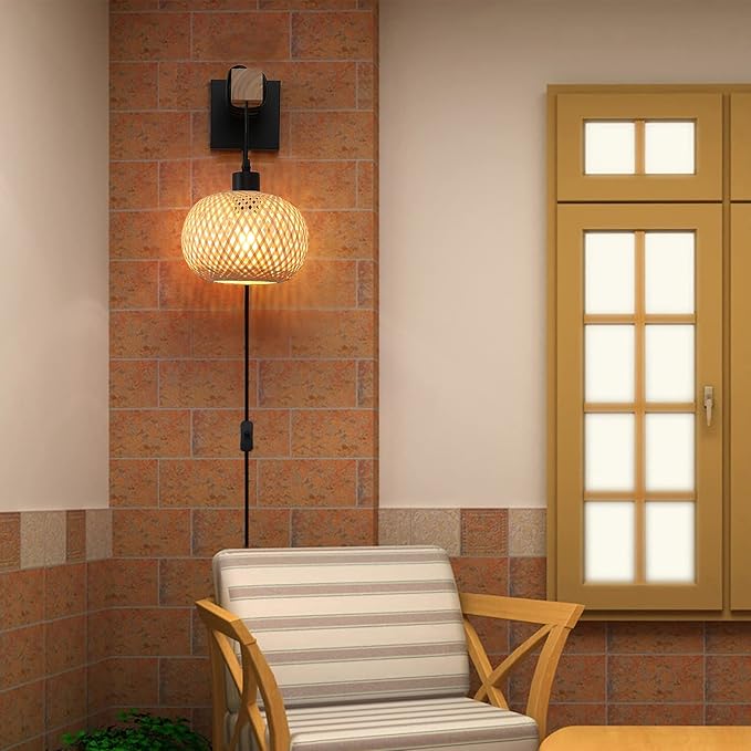 Farmhouse Rattan Plug in Wall Sconces, Rustic Hand-Woven Bamboo Shade & Wood Beam Wall Light Fixtures, Rattan Bamboo Wall Lamp for Bedroom Bedside, Living Room Wall Art Decor(No Bulbs)