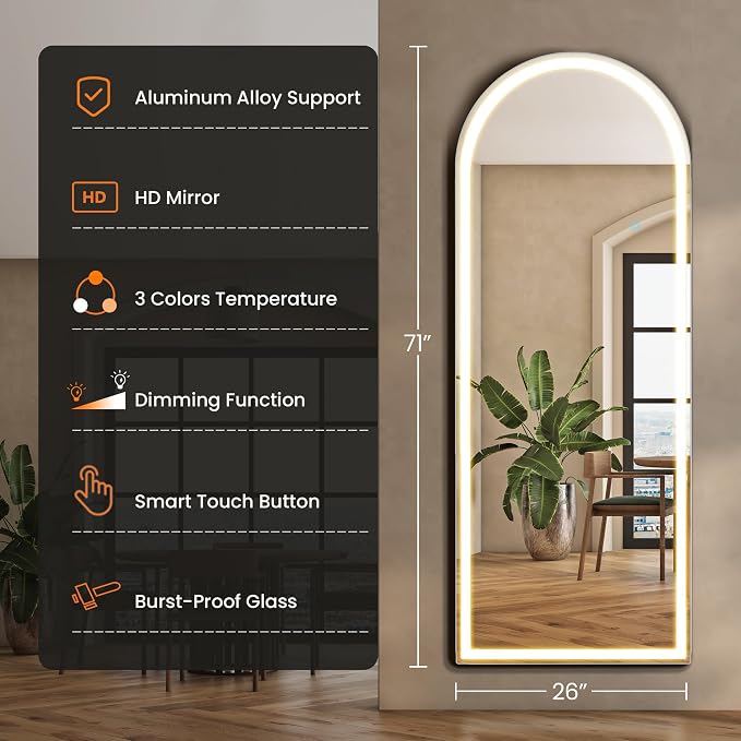 Sweetcrispy Arched LED Full Length Floor Mirror, 71"x26" Full Body Mirror | Standing Mirror with Dimming & 3 Color Lighting, Shatterproof Tempered Glass, Wall Hanging or Leaning for Home Decor, White