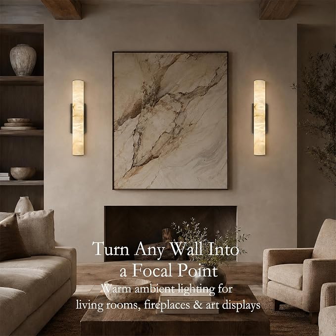20" Natural Alabaster Wall Sconce, Modern Black Marble Wall Light Dimmable | Spanish Alabaster, Vanity Light, 3000K Warm White Light, Tube, Hardwired, Stone, for Bathroom/Bedroom/Living Room, 1PC