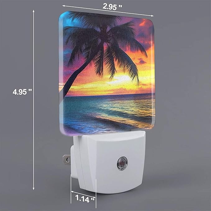 Sunset Beach Night Light Set of 2, Coconut Tree Auto Sensor LED Dusk-to-Dawn Nightlights, Plug-in Sensor Lamp for Bedroom Bathroom Kitchen Hallway Stairs Decorative