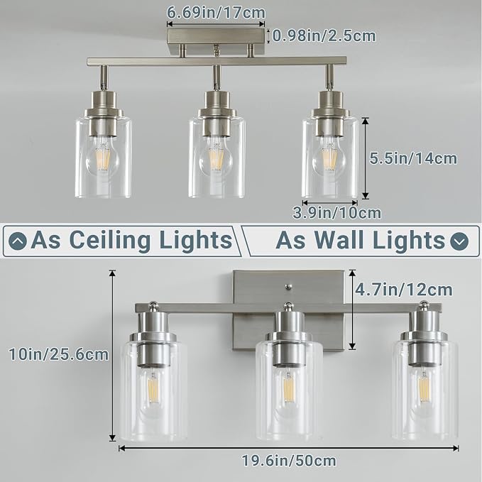 LOUSACE 3-Light Brushed Nickel Track Lighting Kit with Clear Glass, Modern Track Light Fixtures Flush Ceiling Mounted, Tracking Vanity Lighting Rotatable Spotlight for Kitchen Bathroom Accent Shop