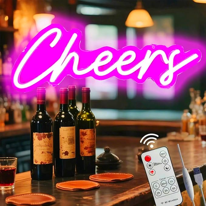 Upgraded Cheers Neon Sign with Timer Remote Control,5V USB Powered Cheers LED Signs for Home Pub,Birthday,Wedding,Bar Cart,Party 16.5 * 7in(Flash/Dimmable/Timmer)