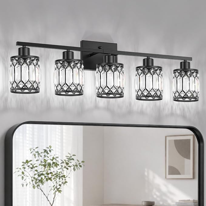 Crystal Modern Bathroom Light Fixtures, 5-Light Black Bathroom Vanity Wall Light, Vanity Lights for Mirror, Restroom, Bedroom (E26 Socket, Bulbs Not Included)
