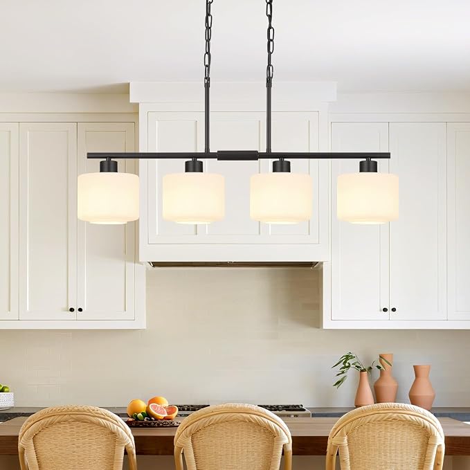 4-Light Kitchen Island Lighting, Modern Black Linear Dining Room Chandelier Light Fixtures with Milk Glass and Chain, Farmhouse Hanging Lights for Kitchen Island Dining Room, OS-YQ8153-4ISBKW