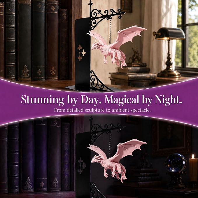 Magical Floating Dragon Bookshelf Lamp, Warm LED Dragon Night Light, Fantasy Reading Nook Decor, Unique Gift for Fantasy Lovers and Book Readers (Pink)