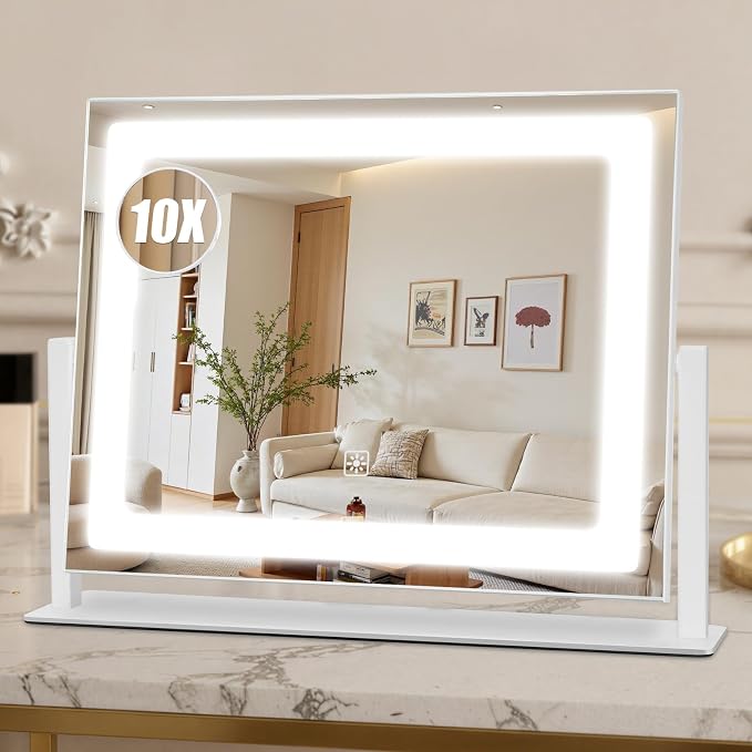 Rechargeable Vanity Mirror with Lights, 3000mAH Battery, 16"×12" LED Makeup Mirror, 10X Magnification, Smart Touch with 3-Color Lighting, 360° Rotation, Lighted Up for Makeup Desk, Bedroom (White)