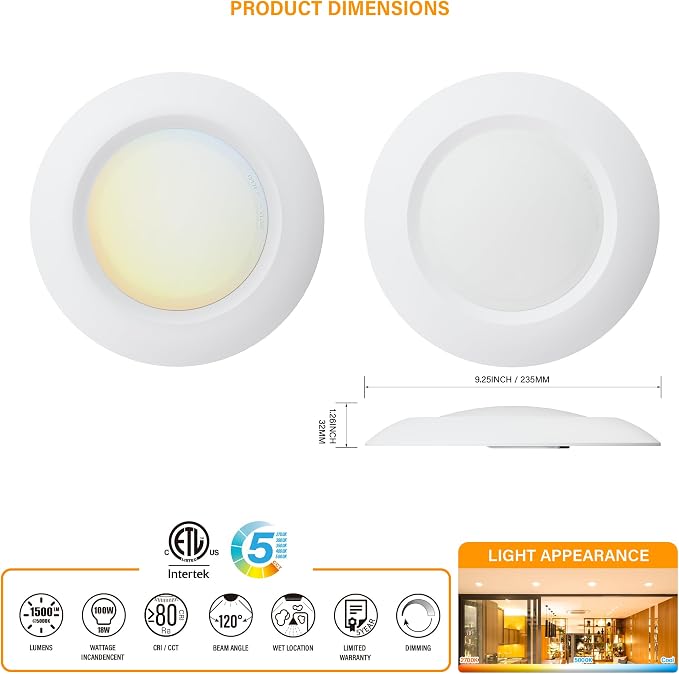 9 Inch LED Disk Light 5CCT Field Selectable Low Profile Screw in Surface Mount Ceiling Light, Round, 18W, 1500 Lumens, CRI80, 5CCT, Driverless, Dimmable, ETL & Wet Listed(8 Packs)