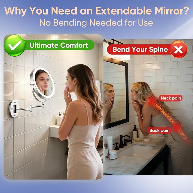FUNTOUCH 9" Rechargeable Wall Mounted Makeup Mirror with Lights 1X/30X | 5000mAh Double Sided Magnifying Mirror with Dimmable 3 Color Light, Extended Arm 360° Wall Mount Bathroom Mirror-Chrome