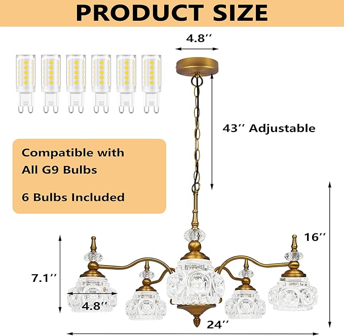 Montex Vintage Brass Pendant Light Fixture 5 Lights Gold Brass Vintage Chandelier Crystal Glass Shade Brass Pendant, 6 Light Bulbs are Included