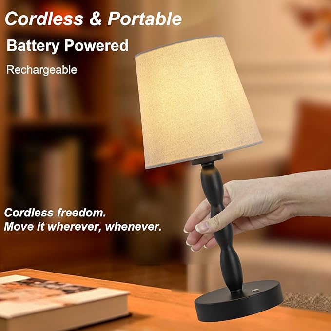 Rechargeable Cordless Table Lamp, 5000mAh Battery Powered Touch Desk Lamp, 3-Level & Stepless Dimmable Night Light, Portable Bedside Lamp for Bedroom, Outdoor, Bulb Included, Black