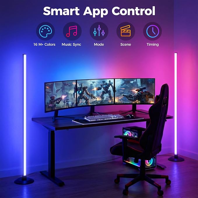 Flupuro 2 Pack ICRGB Corner Floor Lamp, App & Remote | Music Sync, 16 Million Colors, Dimmable Timer, Modern Standing Mood Light, For Bedroom Living Room Gaming