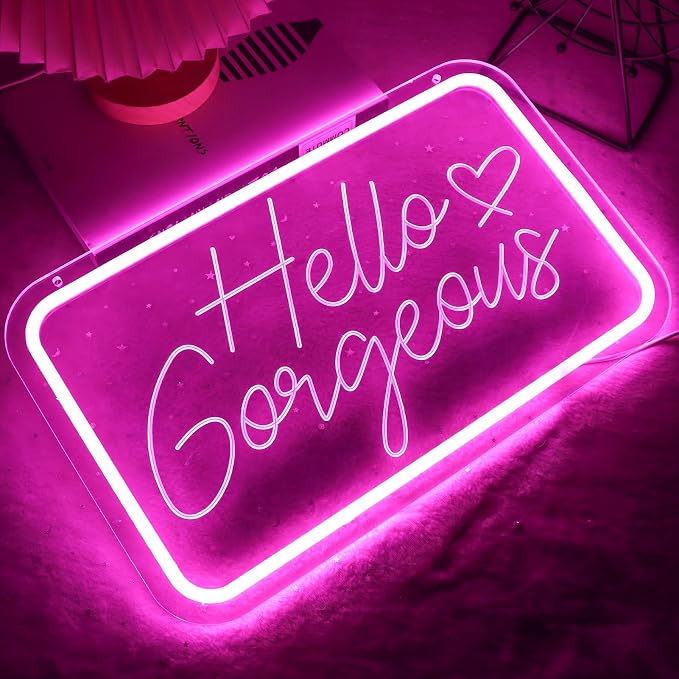 Hello Gorgeous Neon Sign for Wall Art Decor，LED Neon Lights for Home Wedding Birthday Backdrop Bacelorette Party Wth Dimmable，Gifts for Teen Girls