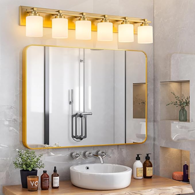 Modern Bathroom Light Fixtures Over Mirror, Vanity Lights for Bathroom Wall Sconces with Milky White Glass Shades, E26 Socket (Bulbs Not Included), 6 Light, Brass
