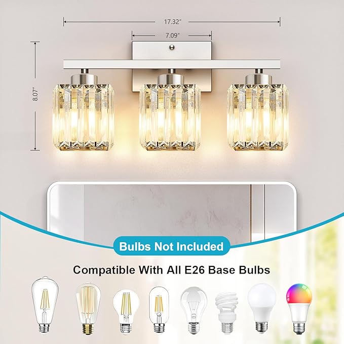 GOLSPARK 3 Light Crystal Bathroom Light Fixtures, Modern Brushed Nickel Vanity Lighting Fixtures, Vanity Light Over Mirror for Bathroom, E26 Socket Crystal Wall Light Square Shades (Bulbs Excluded)