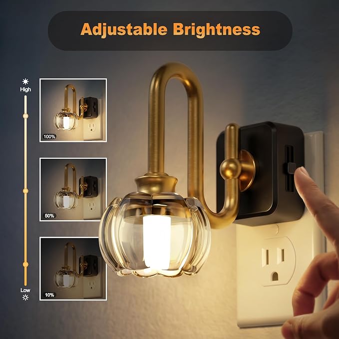 JandCase Night Light, Night Lights Plug into Wall, Glass LED Nightlight | 0-100 LM Dimmable Flower Nightlights, Dusk to Dawn Sensor, 1W Vintage Pumpkin Nite Light for Bathroom Hallway Decor, 2 Pack