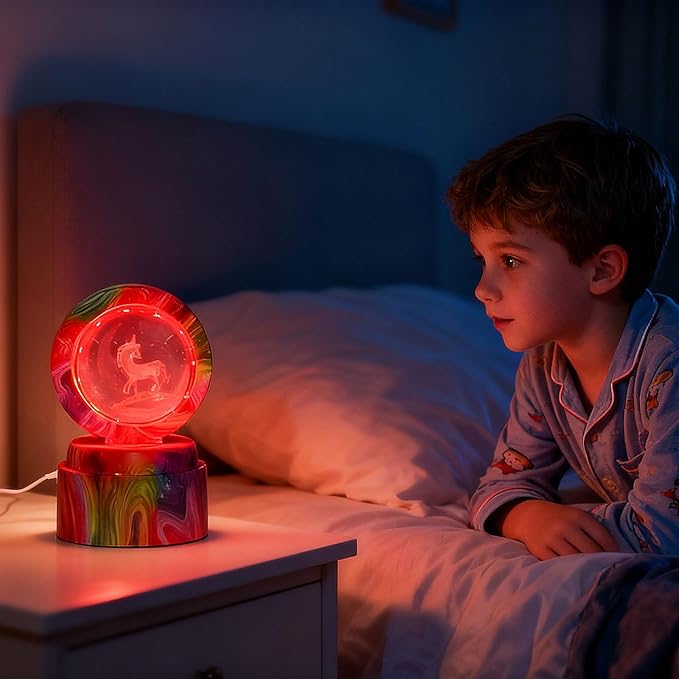 Cute Cartoon lamp,2.36 inch Rotatable 3D Crystal Ball Anime Night Light with 7 Colors Change,Color Box,Children's Room Decoration Holiday Gifts，Birthday Christmas Gifts (Unicorn)