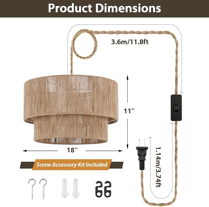 18” Plug in Pendant Light, Hanging Light Fixture with Hemp Rope Lampsahde, Handwoven 2 Tier Drum Boho Plug in Chandelier for Dinning Room, Bedroom and Living Room
