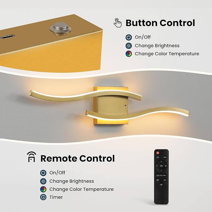 Gold Battery Operated Wall Sconces: 23.6 Inch Rechargeable Wall Sconce Set of 2 with Remote Control/3 Colors/10-100% Dimming/Timer, Modern Wall Light for Bedroom Living Room Hallway Bathroom, 2 Pcs