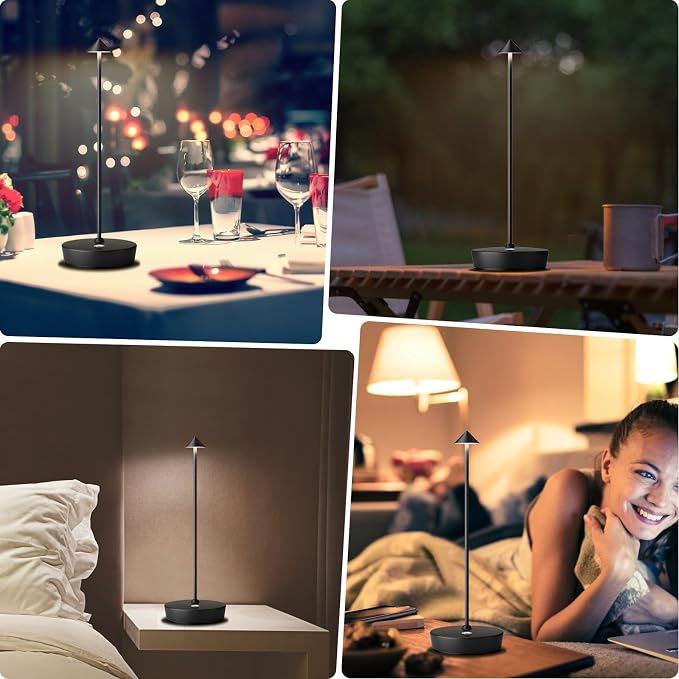 Rechargeable Cordless Table Lamp, Portable Powered LED Battery 6000mAh Metal USB Desk Lamp, 3 Levels Brightness Light for Restaurants Outdoor (Black)