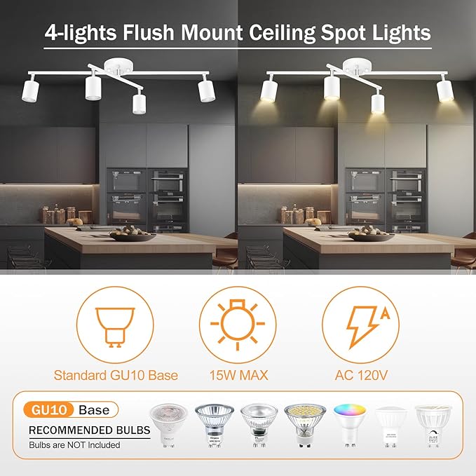 4 Light Track Lighting Kit Kitchen, White Track Lighting Fixtures Ceiling, 4 Way Modern Flexible Spot Track Lighting, Industrial LED Lights for Room Hallway Bedroom(GU10 Socket, Bulb Not Included)