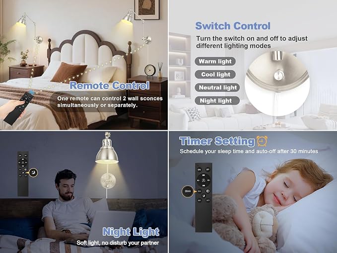 2 Pack Plug in Wall Sconces with Remote, Dimmable, Adjustable Colors, Swing Arm Wall Lamps, Wall Sconces Set of Two with Timer & Night Light, Plug-in or Hardwired (Brushed Nickel, With Bulbs+Remote)