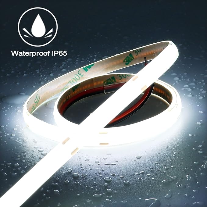 TOPAI 12V COB LED Strip Cool White 6000K 16.4ft Dotless IP65 Waterproof | High Density 480LEDs/M, CRI>90 4000Lm, Cuttable, Flexible, Self Adhesive Easy Install for Bedroom, Cabinet