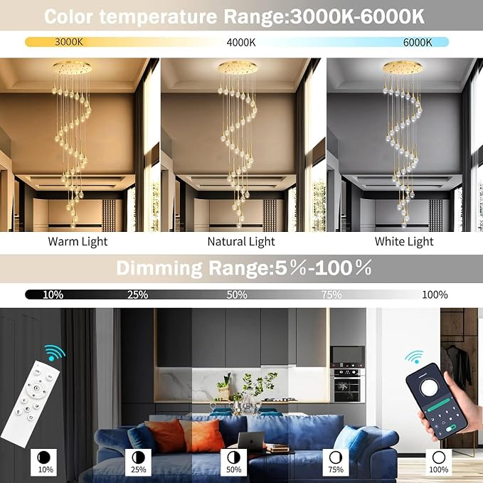 36 Light Modern Glam Crystal Chandelier for High Ceiling LED Dimmable Ceiling Pendant Light Staircase Foyer Enterway Living Room Chandelier Lighting Antique Gold