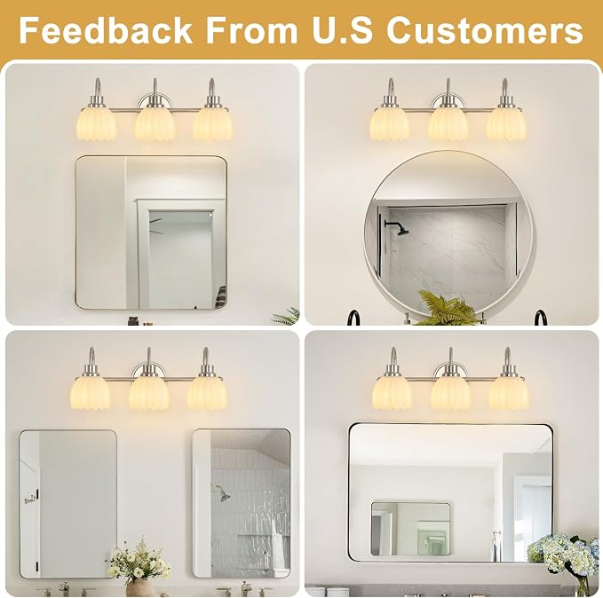 Bathroom Light Fixtures(3-Light, 20 Inch), Brushed Nickel Vanity Lights for Bathroom with Ribbed White Tulip Glass Shade, Vintage Vanity Wall Lights for Mirror Bedroom Living Room Hallway