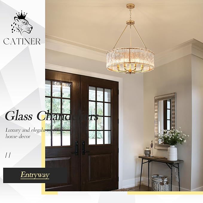 Gold Drum Chandelier 24.4" Modern Crystal Glass Chandeliers Luxury 8-Light Pendant Ceiling Chandelier Lighting for Dining Room Foyer Living Room Bedroom