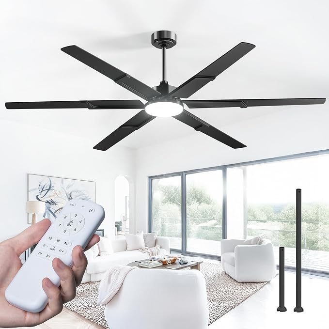 Amico 72 Inch Ceiling Fans with Lights and Remote, Black | 6 Speed Reversible DC Motor, 3CCT, Dimmable, Quiet, Timer, Large Modern Ceiling Fan for Living room, Indoor/Outdoor