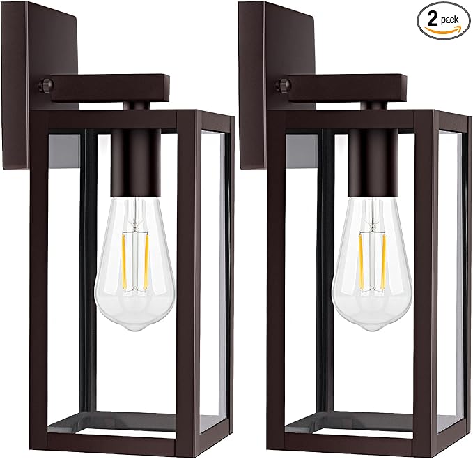 Brightever 2-Pack Outdoor Wall Light Fixtures, Brown Waterproof Anti-Rust Exterior Wall Sconce Lantern with Clear Glass, Modern Outside Front Porch Lights for House Garage Doorway, Bulbs Not Included