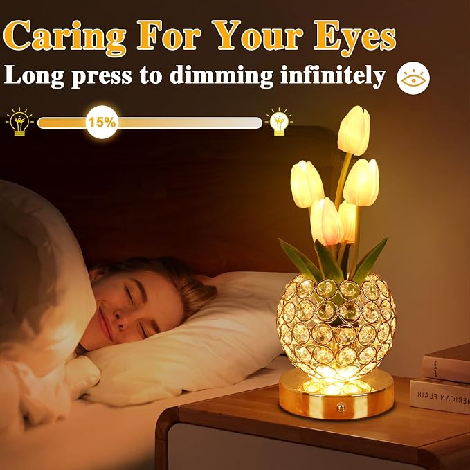 Birthday Gifts for Women Mothers Day Gifts/for Mom Tulip Table Lamp | 3 Color Crystal Flower Bedside Lamps Infinitely Dimming with USB Charge Small Night Light,Night stand Touch Lamp(pink-tulip)