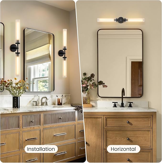 30" 2 Lights Hardwired Frosted Glass 2 PC Bathroom Wall Sconces, Handmade Knurled Black Wall Light Fixture,Modern Vanity Light for Living Room,Hallway, Bedroom, Indoor Sconces